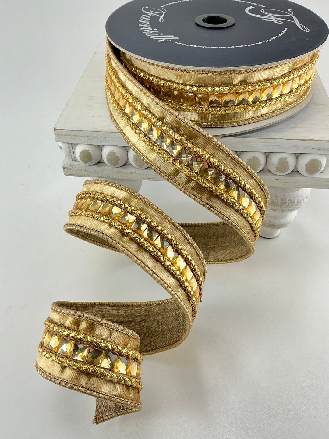 Gold velvet jewelry gemstones 1.5” farrisilk wired ribbon - Greenery MarketRibbons & TrimRG250 - 50