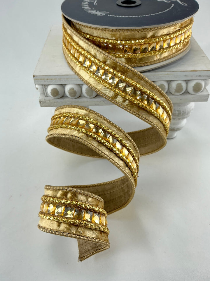 Gold velvet jewelry gemstones 1.5” farrisilk wired ribbon - Greenery MarketRibbons & TrimRG250 - 50