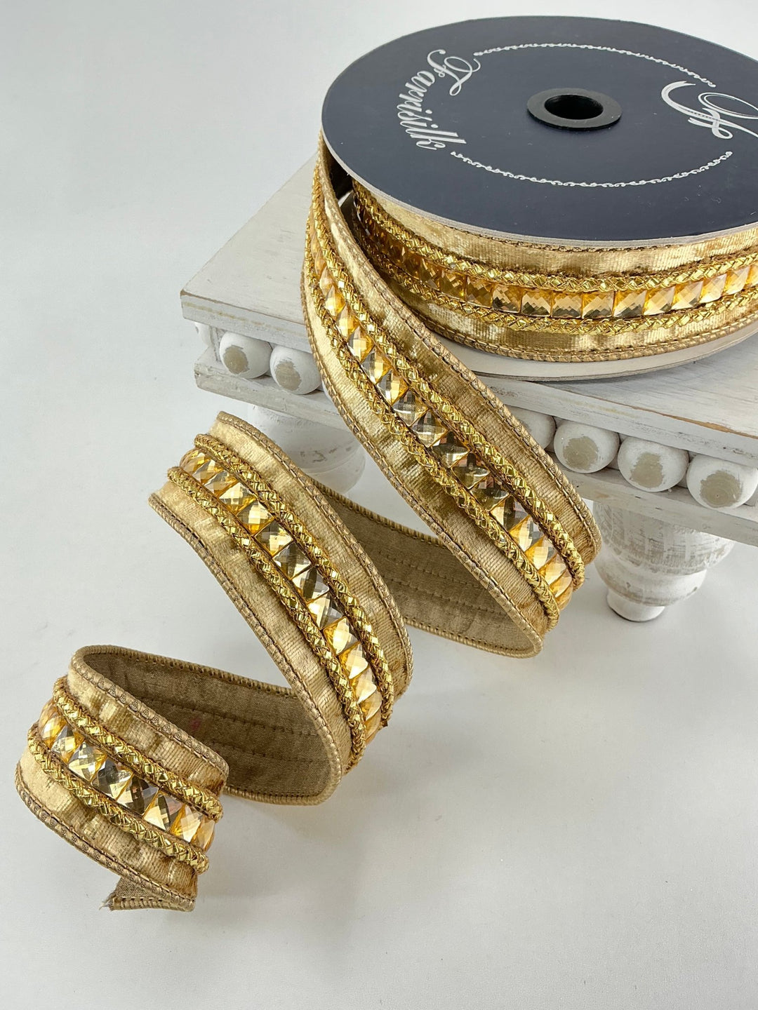 Gold velvet jewelry gemstones 1.5” farrisilk wired ribbon - Greenery MarketRibbons & TrimRG250 - 50