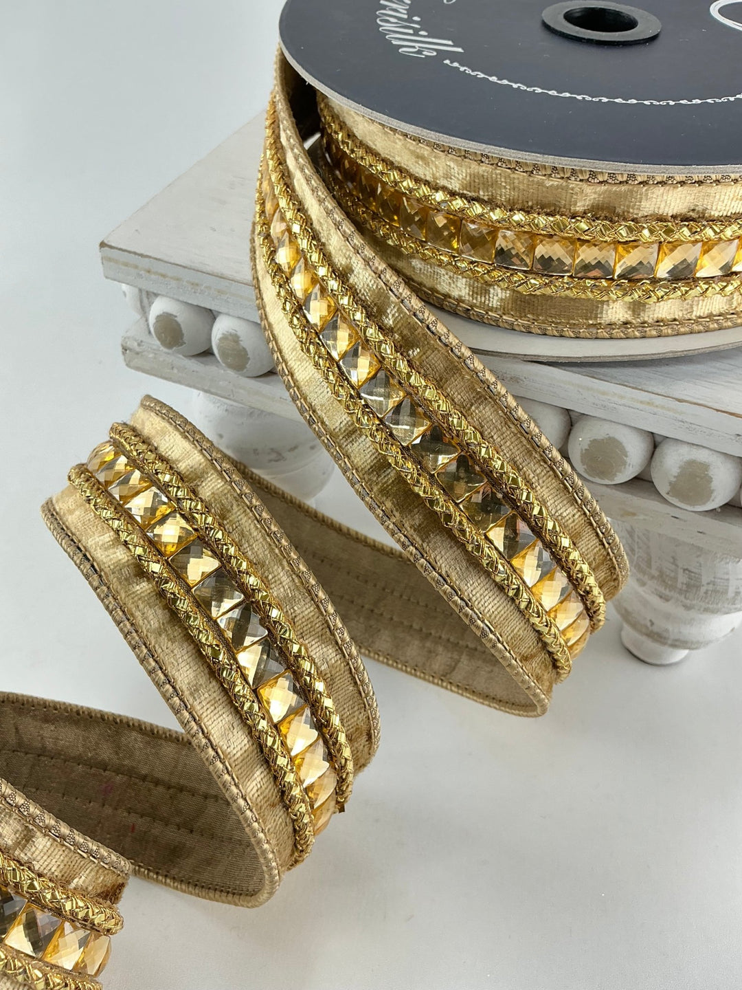 Gold velvet jewelry gemstones 1.5” farrisilk wired ribbon - Greenery MarketRibbons & TrimRG250 - 50