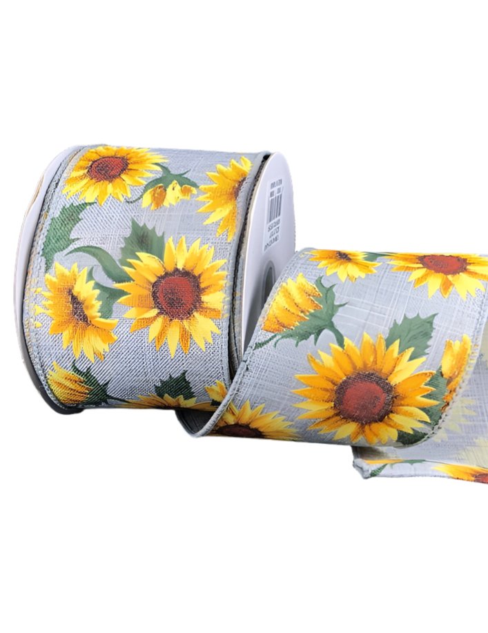 Gray and yellow sunflower wired ribbon 2.5” - Greenery MarketWired ribbon61215-40-49
