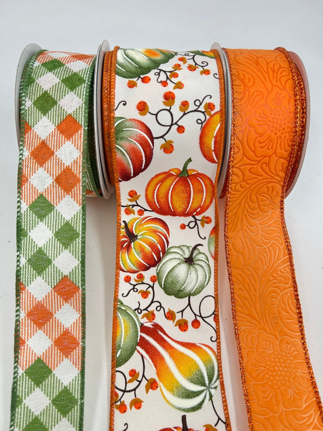Green And Orange Pumpkin Bow Bundle x 3 Ribbons - Greenery MarketMossyPumpx3