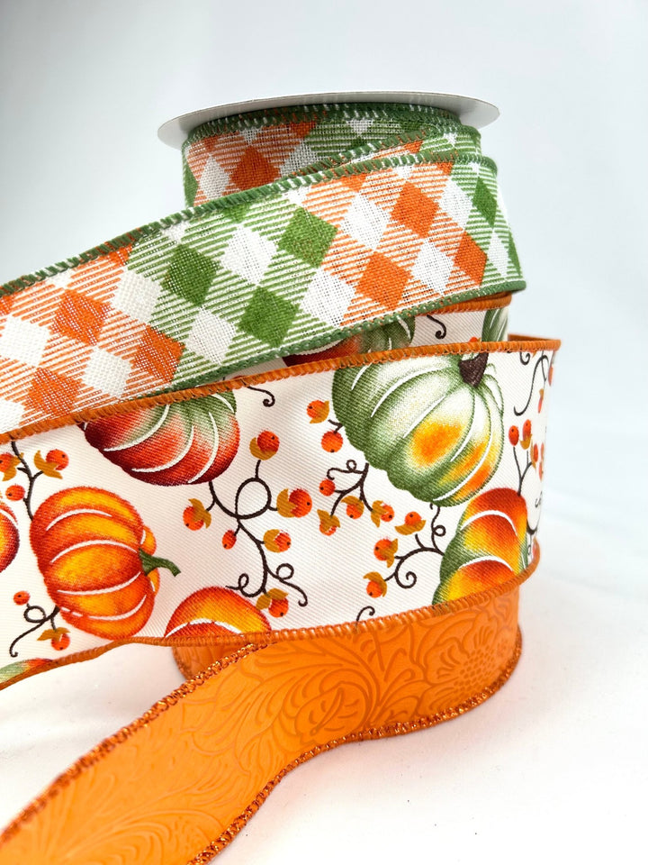 Green And Orange Pumpkin Bow Bundle x 3 Ribbons - Greenery MarketMossyPumpx3