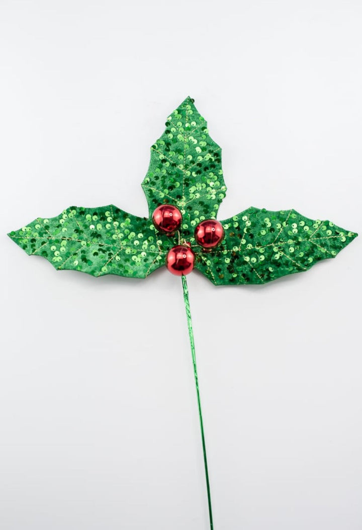 Green and red sequin holly stem - Greenery MarketMTX72002