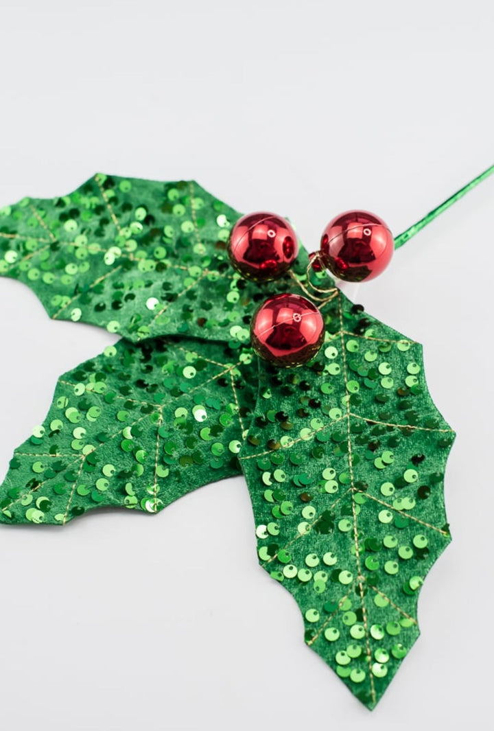 Green and red sequin holly stem - Greenery MarketMTX72002