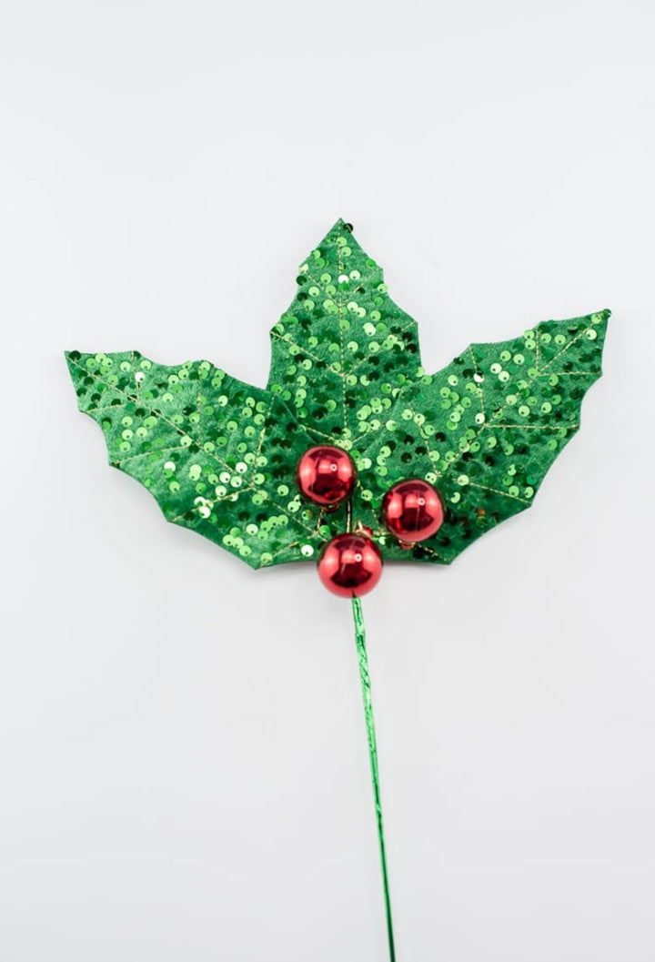 Green and red sequin holly stem - Greenery MarketMTX72002