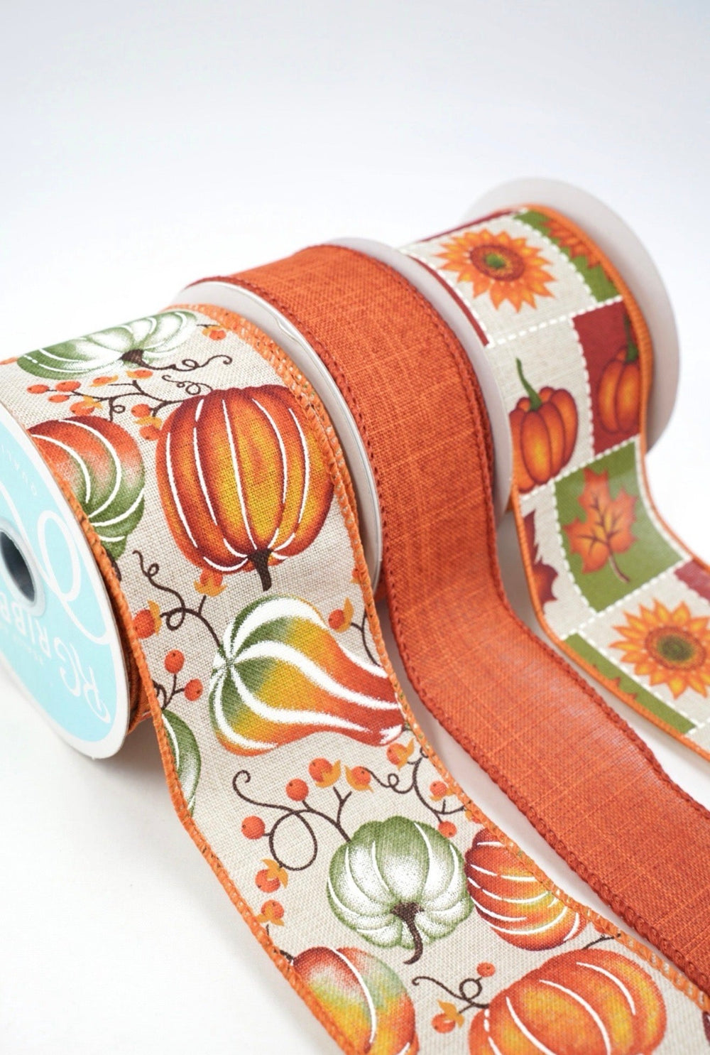 Green And Rust Pumpkin Block Bow Bundle x 3 Ribbons - Greenery Market