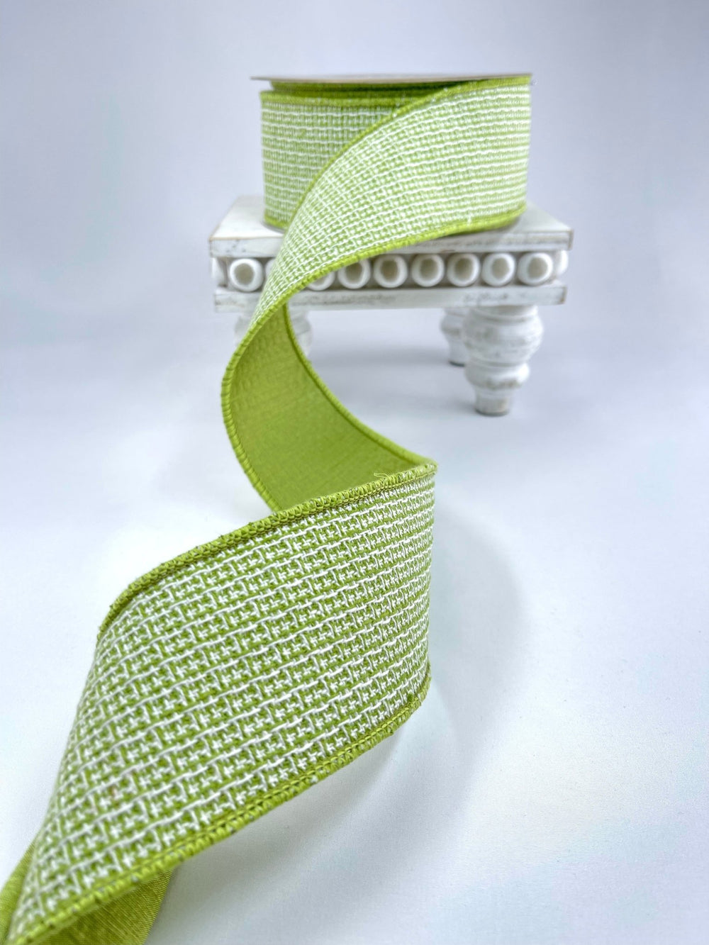 Green and white tweed 2.5” wired ribbon - Greenery Market236835