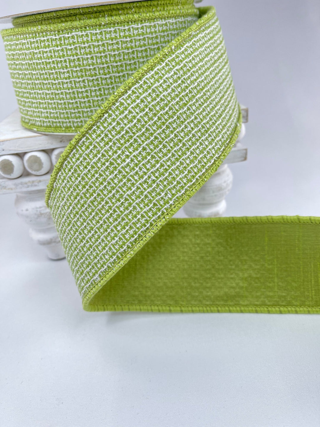 Green and white tweed 2.5” wired ribbon - Greenery Market236835