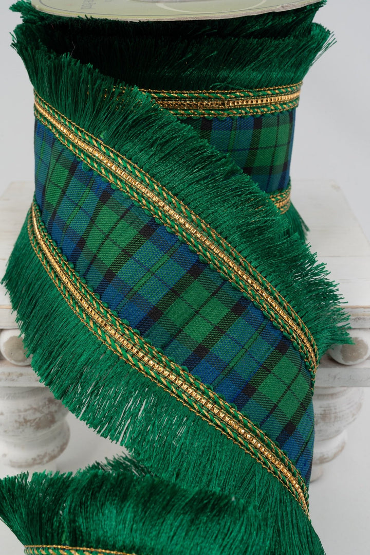Green & Blue Fringe Trim Plaid Ribbon - 4" - Greenery MarketRW0908-GR/BL