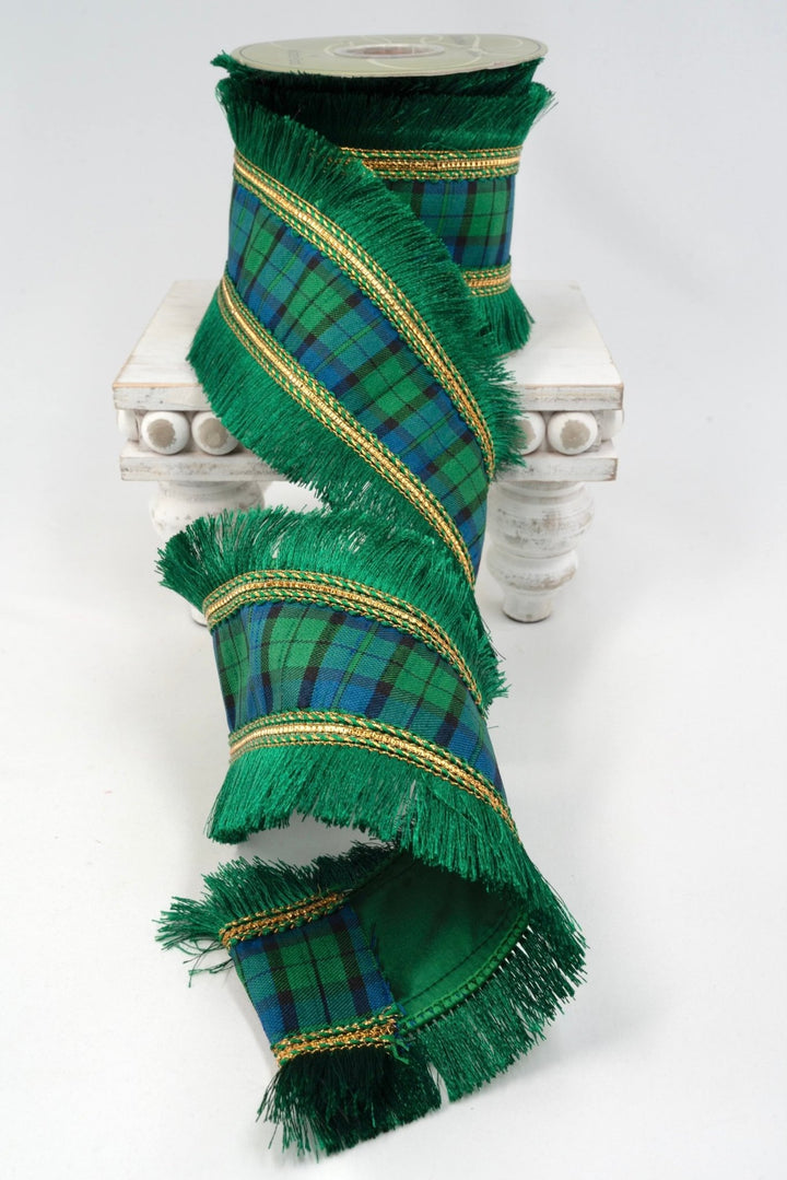 Green & Blue Fringe Trim Plaid Ribbon - 4" - Greenery MarketRW0908-GR/BL