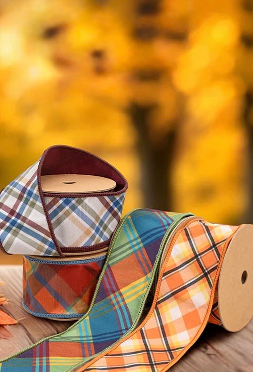 Green, Brown, & Blue Plaid Wired Ribbon - 2.5" - Greenery Market6929W - 850 - 63E