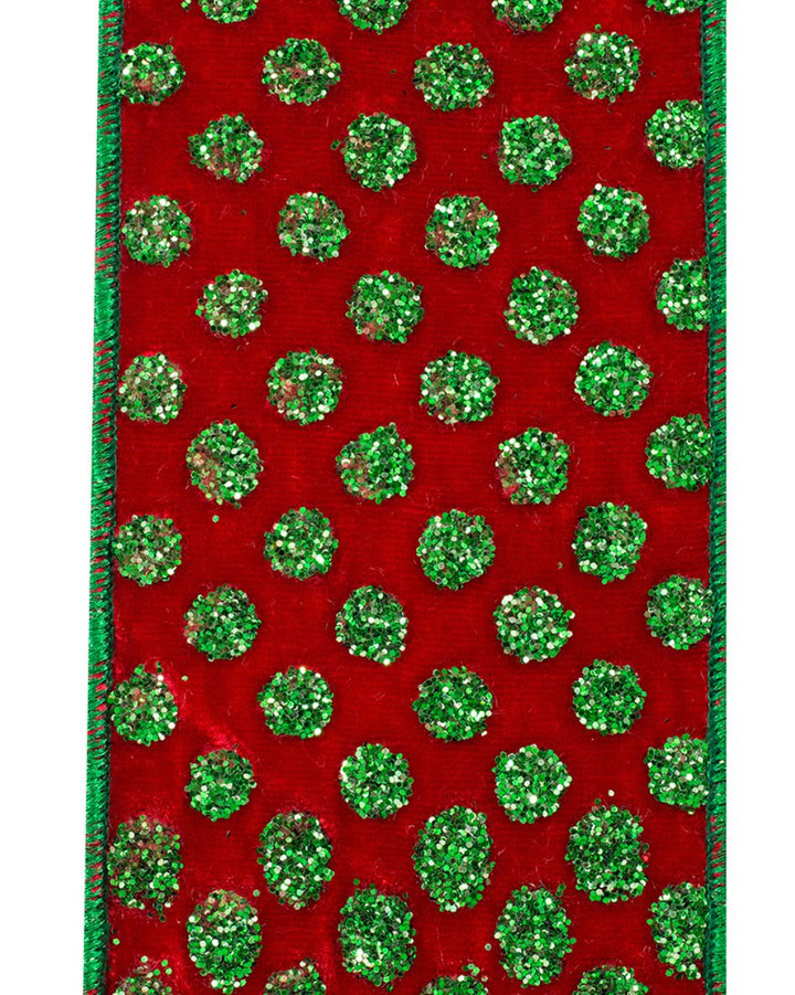 Green Dots On Red Velvet 4” wired ribbon - Greenery Marketwired ribbon94274W - 985 - 10D