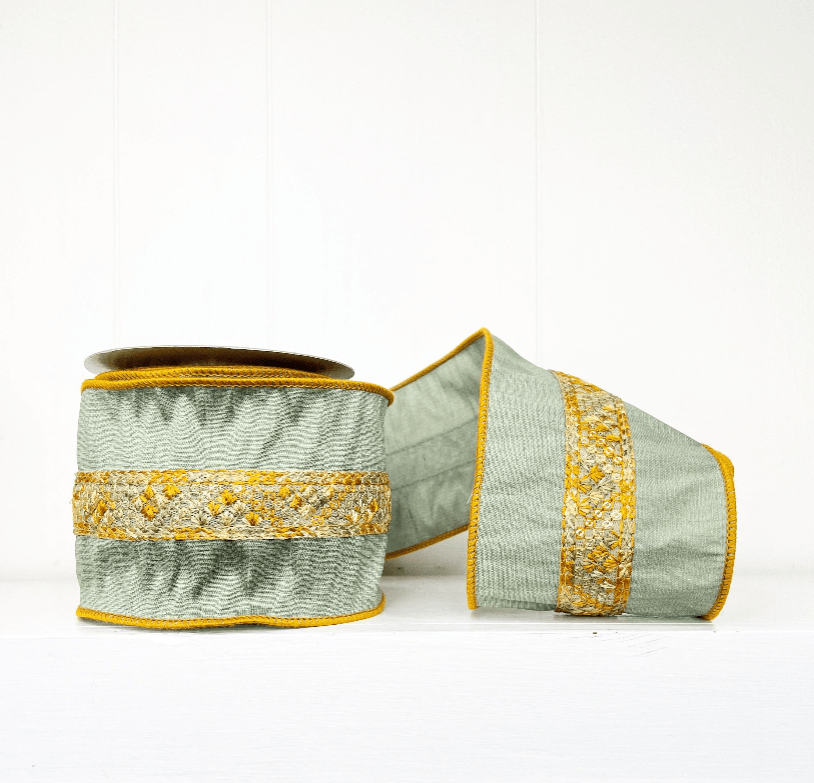 Green Dupioni With Jute Trim Wired Ribbon - 4" - Greenery Market13896GR