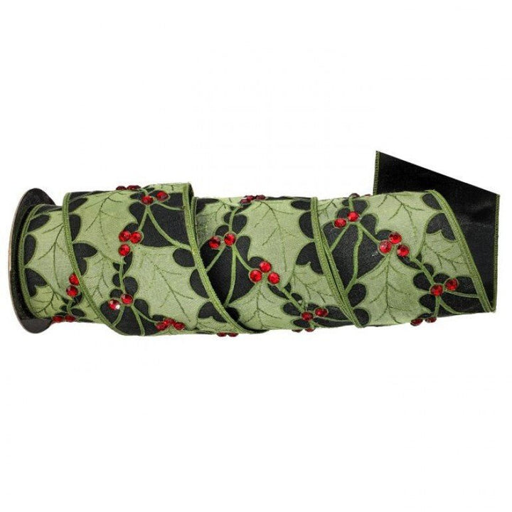 Green embroidered appliqué holly 4” wired ribbon - Greenery MarketMTX74585