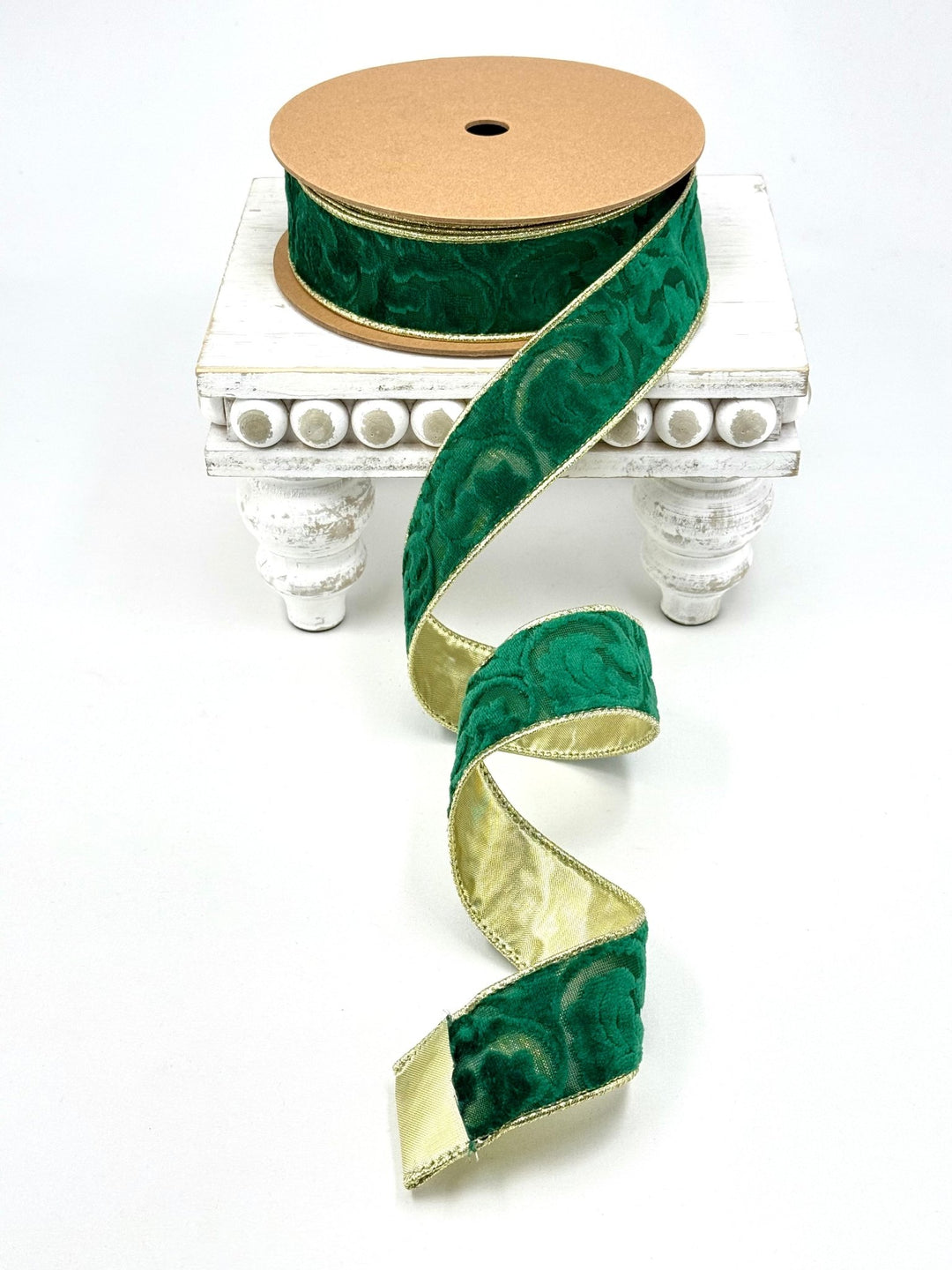 Green Floral Embossed Wired Reversible Velvet Ribbon - 1.5" - Greenery Market7113W-587-38E