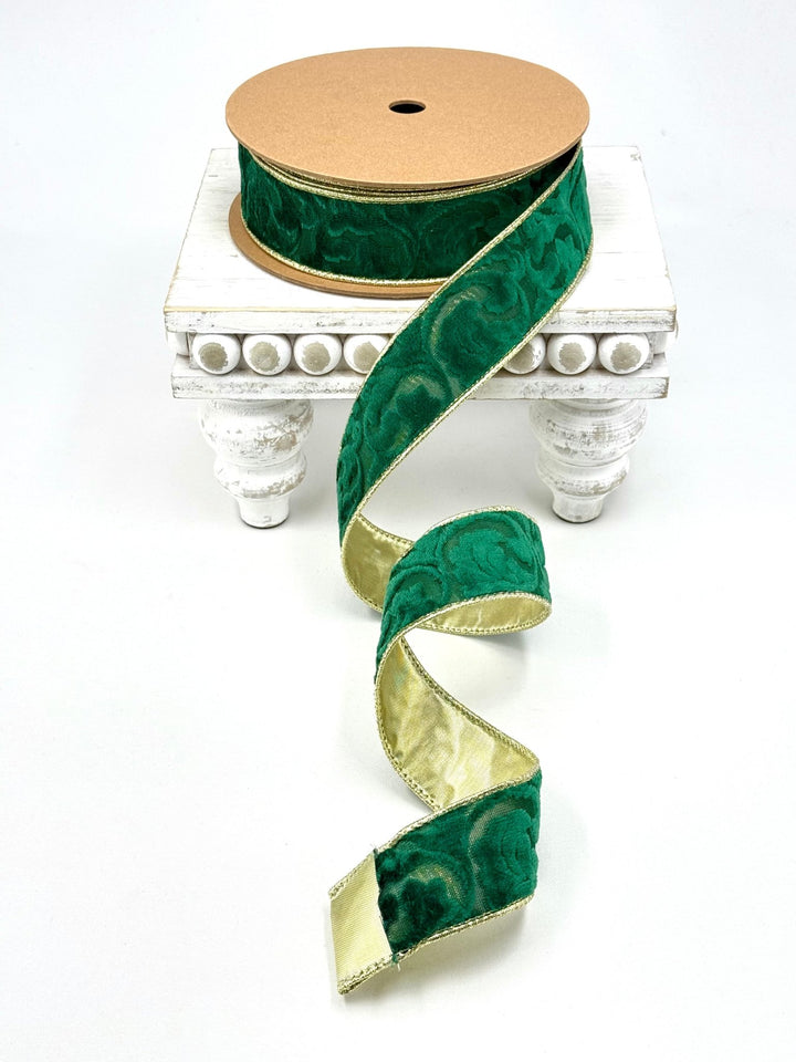 Green Floral Embossed Wired Reversible Velvet Ribbon - 1.5" - Greenery Market7113W-587-38E