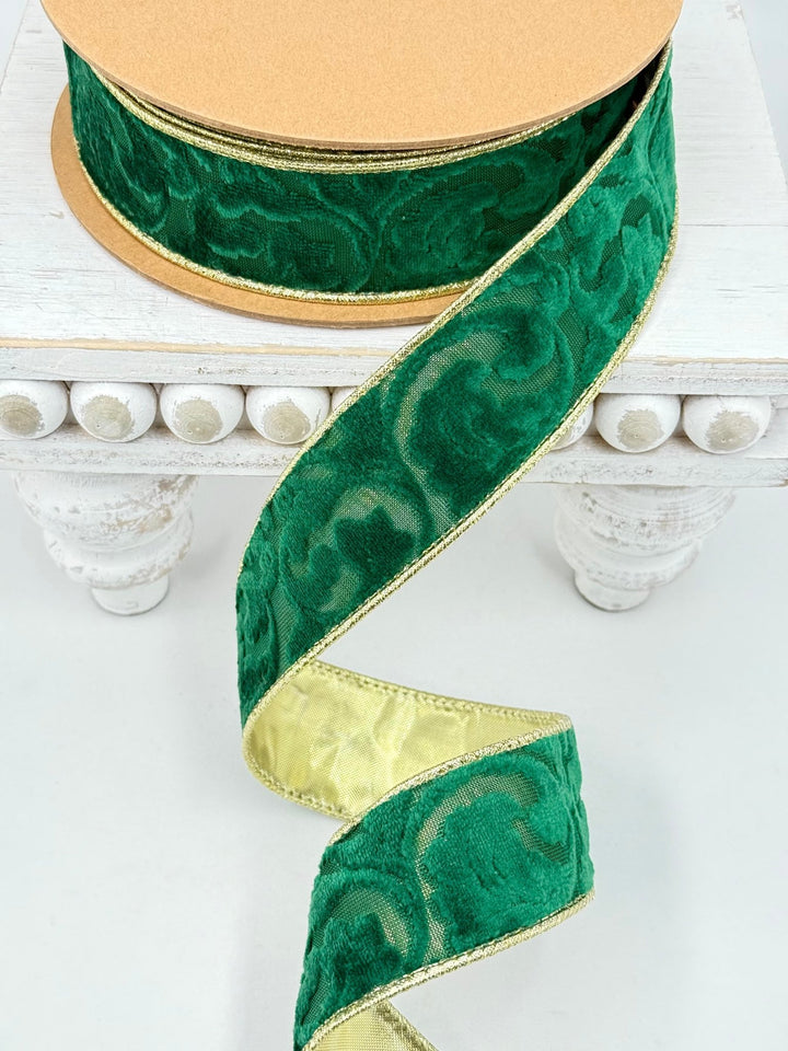 Green Floral Embossed Wired Reversible Velvet Ribbon - 1.5" - Greenery Market7113W-587-38E