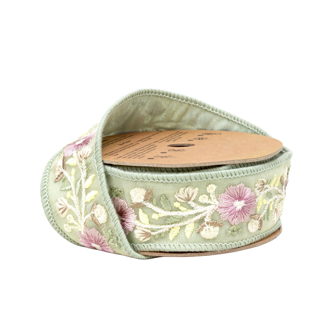 Green Flower Trim Wired Dupioni Ribbon - 1.5" - Greenery MarketWired Ribbon6935W-314-38C