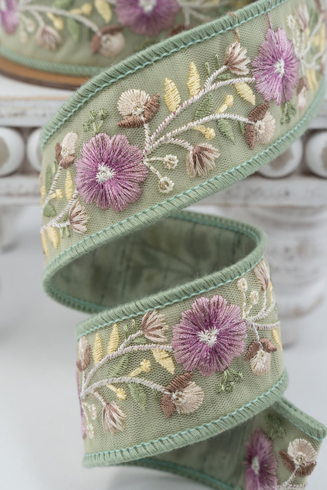 Green Flower Trim Wired Dupioni Ribbon - 1.5" - Greenery MarketWired Ribbon6935W-314-38C