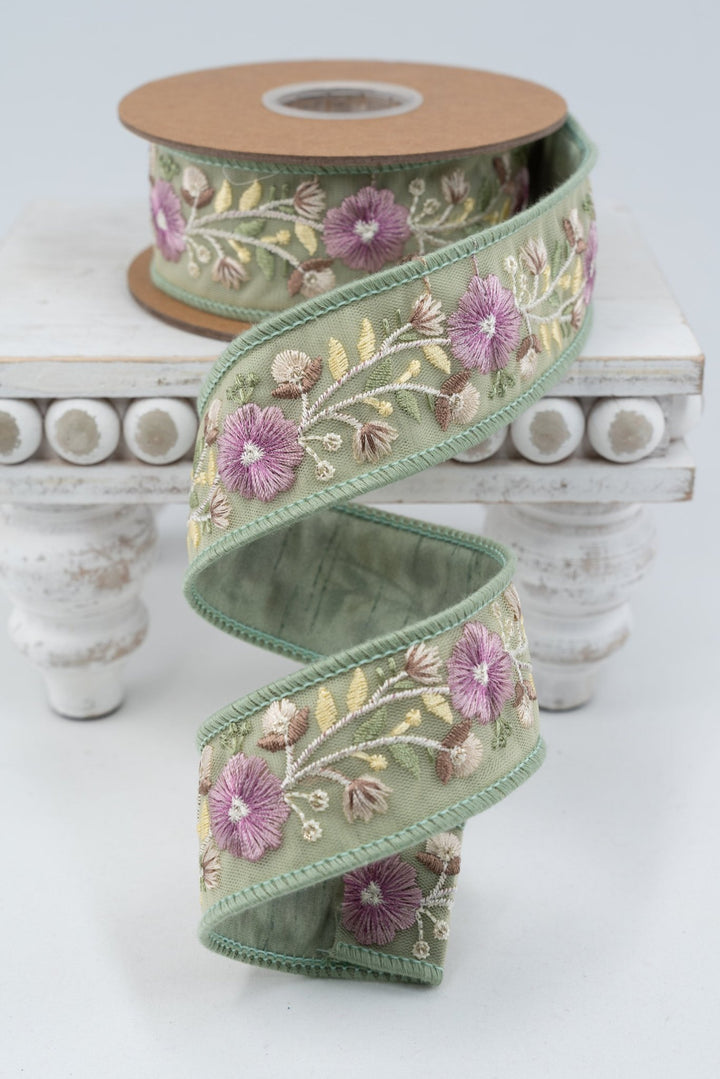 Green Flower Trim Wired Dupioni Ribbon - 1.5" - Greenery MarketWired Ribbon6935W-314-38C