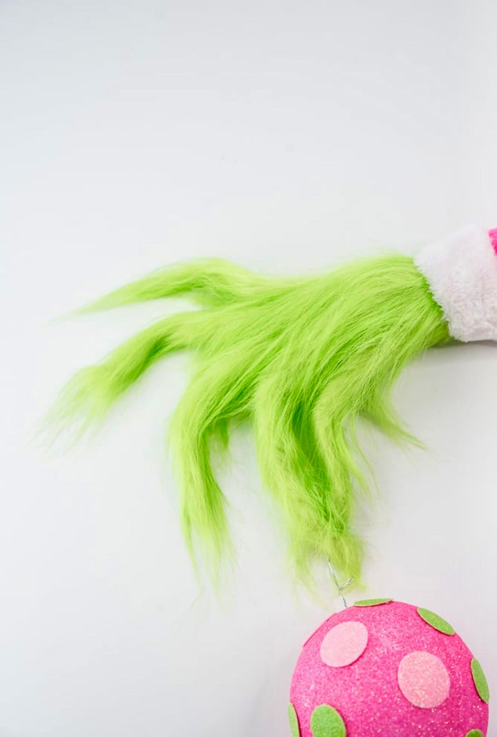 Green fluffy monster hand holding pink ornament - Greenery MarketPicksGM2116PKGN