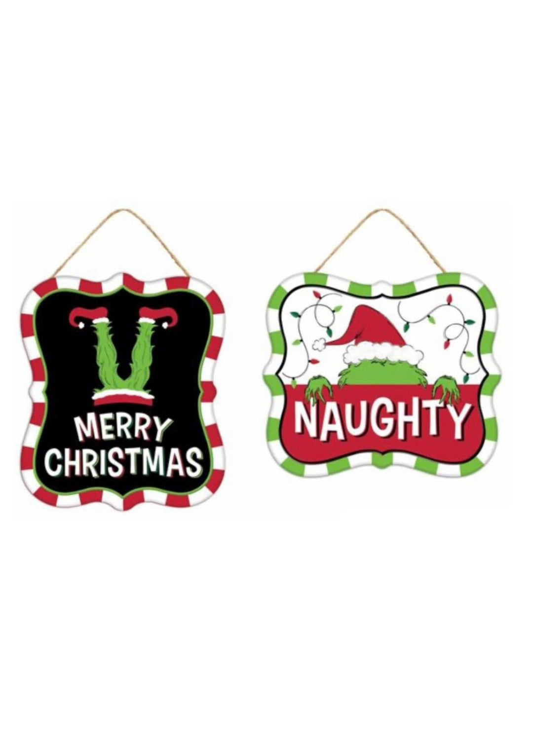 Green fuzzy monster elf signs x 2 signs - Greenery MarketChristmasMD1214