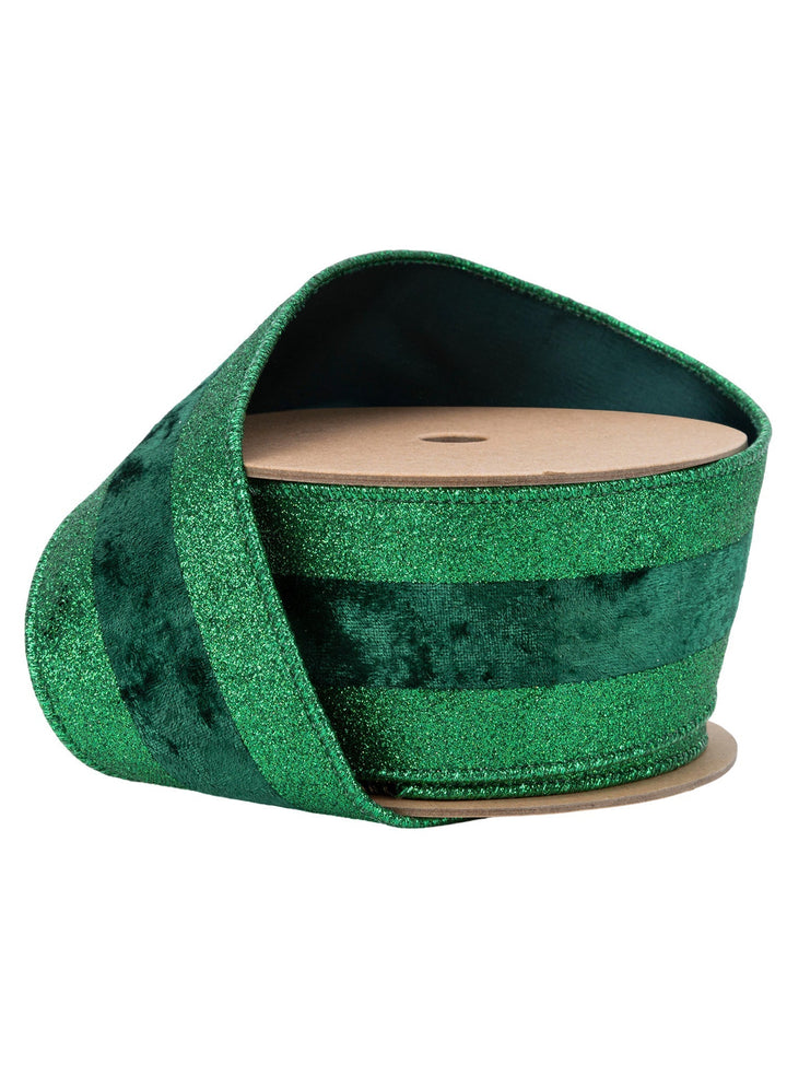 Green Green Glitter with Green Velvet Stripe Wired Ribbon - 2.5" - Greenery Market7116W - 587 - 63E