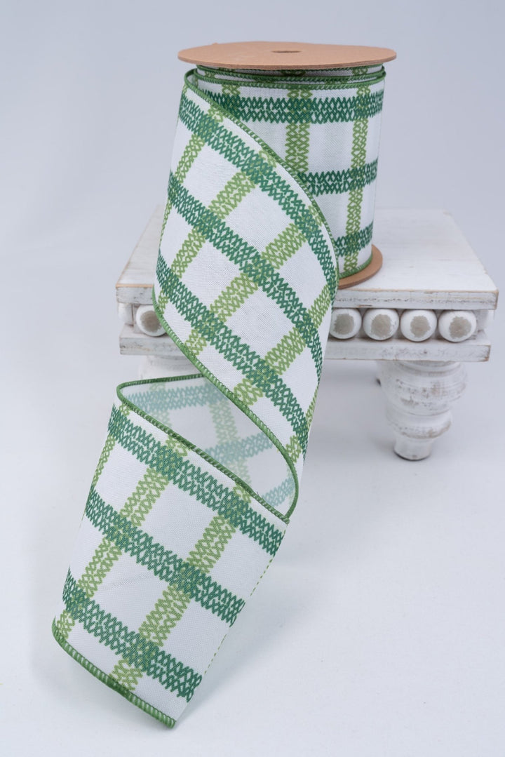 Green Grid On White Linen Wired Ribbon - 4" - Greenery MarketWired Ribbon4005W-587-100E