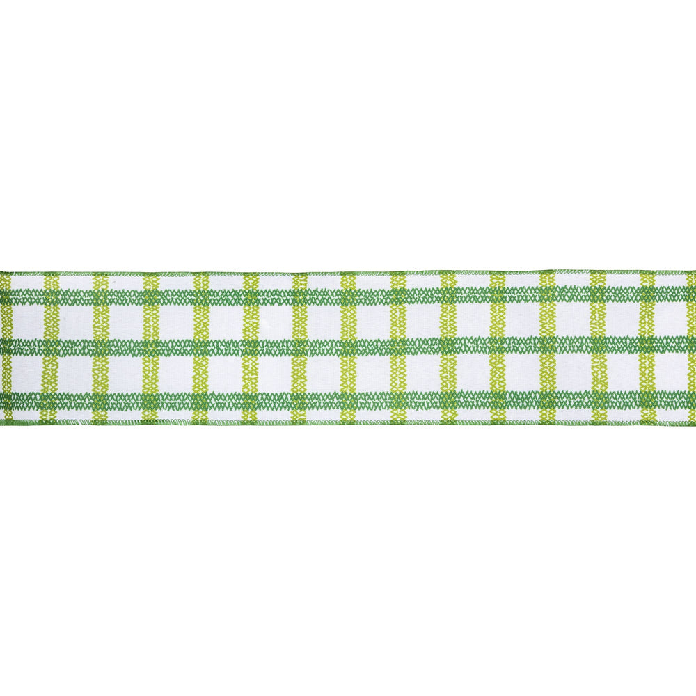 Green Grid On White Linen Wired Ribbon - 4" - Greenery MarketWired Ribbon4005W-587-100E