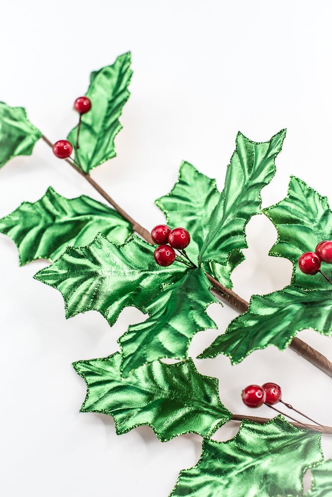 Green Metallic Holly Leaves Berry Spray - Greenery Market86328GN