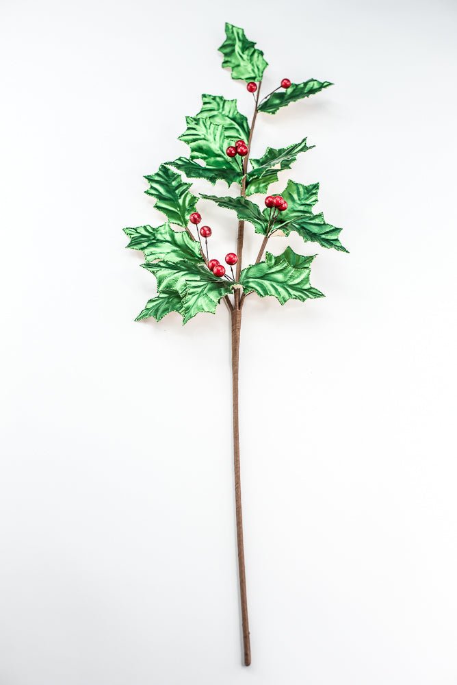 Green Metallic Holly Leaves Berry Spray - Greenery Market86328GN