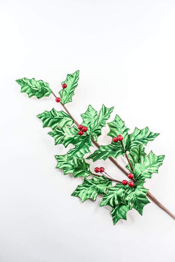 Green Metallic Holly Leaves Berry Spray - Greenery Market86328GN