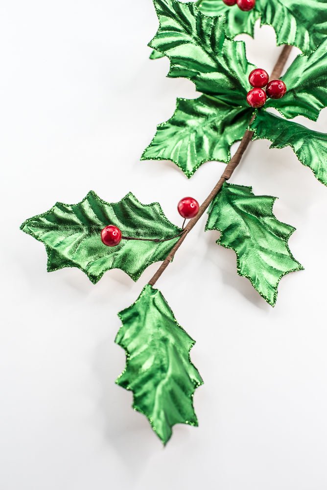 Green Metallic Holly Leaves Berry Spray - Greenery Market86328GN