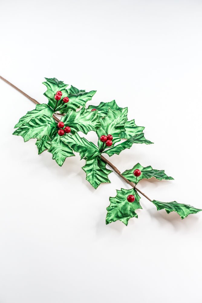 Green Metallic Holly Leaves Berry Spray - Greenery Market86328GN
