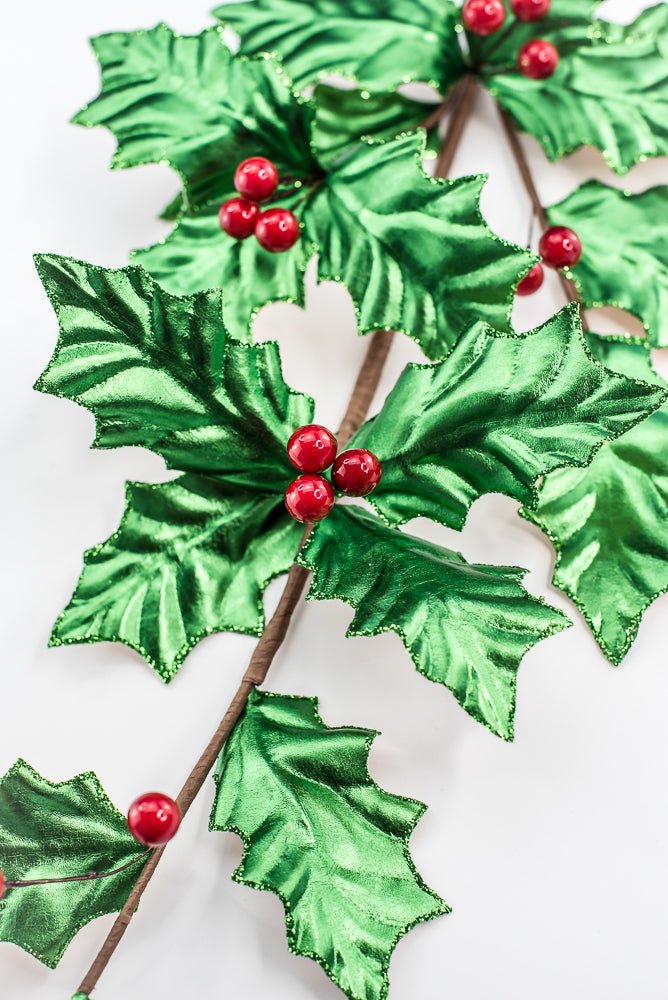Green Metallic Holly Leaves Berry Spray - Greenery Market86328GN
