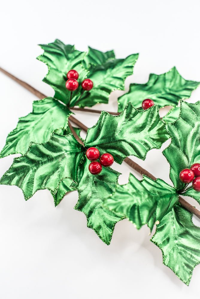 Green Metallic Holly Leaves Berry Spray - Greenery Market86328GN