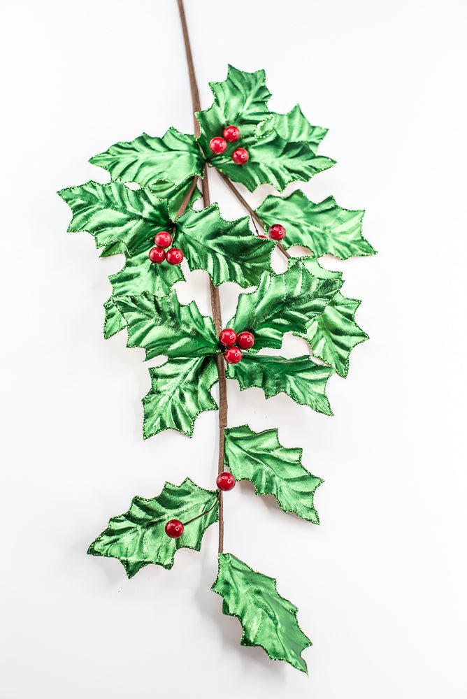 Green Metallic Holly Leaves Berry Spray - Greenery Market86328GN