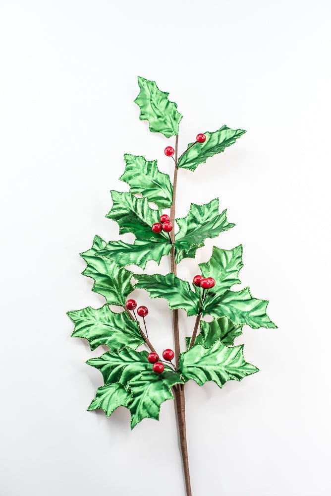 Green Metallic Holly Leaves Berry Spray - Greenery Market86328GN