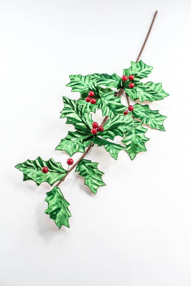 Green Metallic Holly Leaves Berry Spray - Greenery Market86328GN