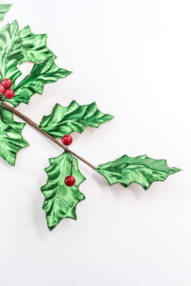 Green Metallic Holly Leaves Berry Spray - Greenery Market86328GN