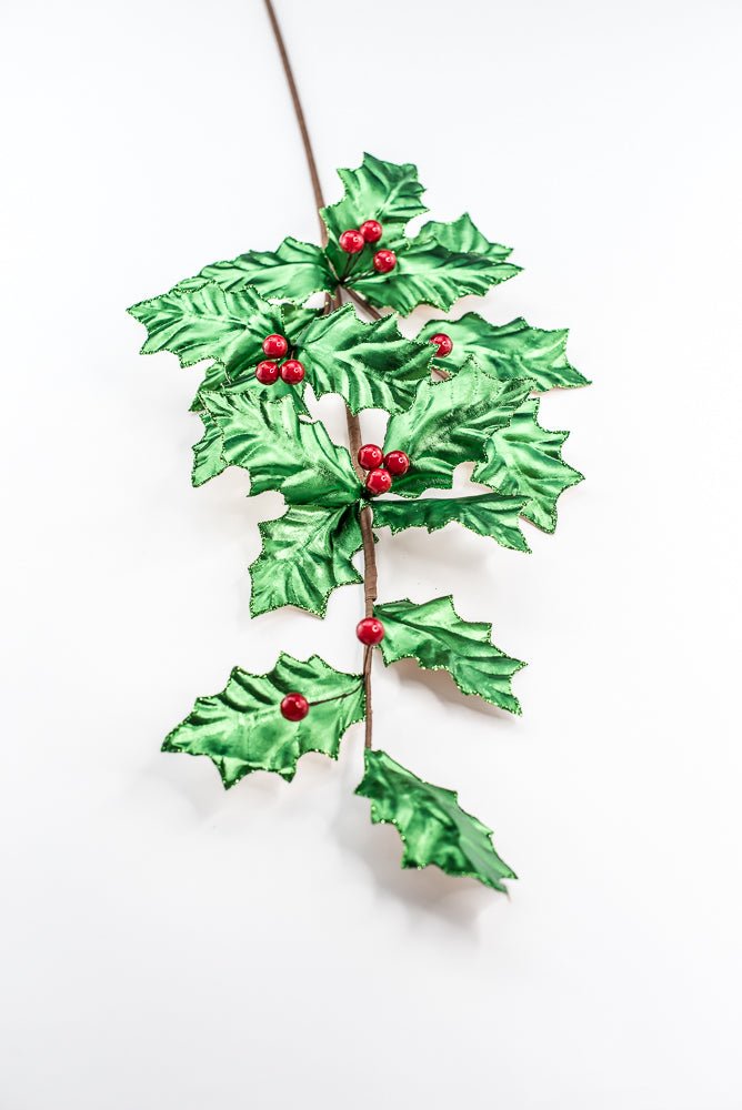 Green Metallic Holly Leaves Berry Spray - Greenery Market86328GN