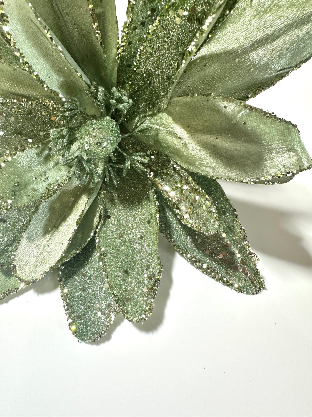 Green velvet and glitter poinsettia stem - Greenery MarketGF2712GR