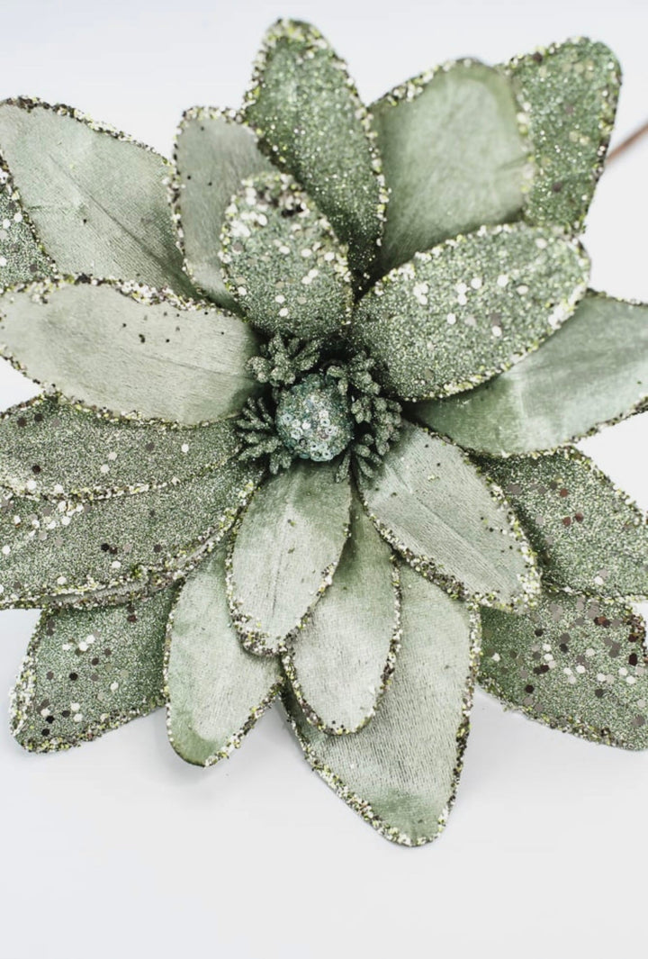 Green velvet and glitter poinsettia stem - Greenery MarketGF2712GR