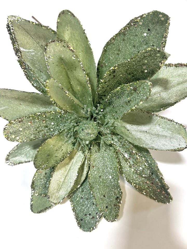 Green velvet and glitter poinsettia stem - Greenery MarketGF2712GR