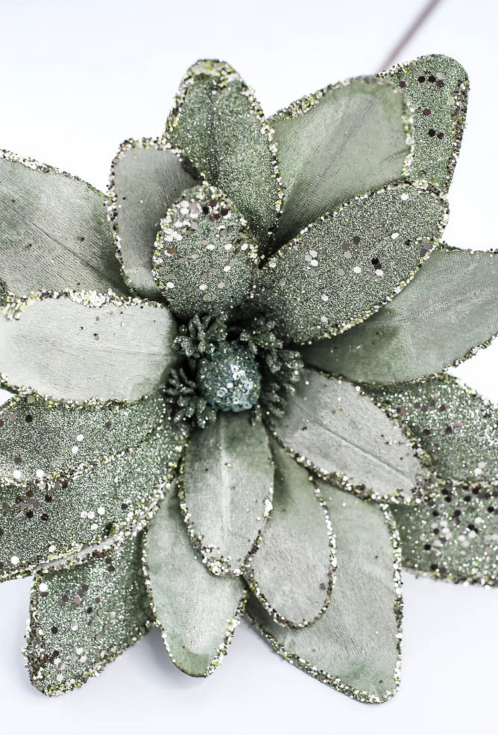 Green velvet and glitter poinsettia stem - Greenery MarketGF2712GR