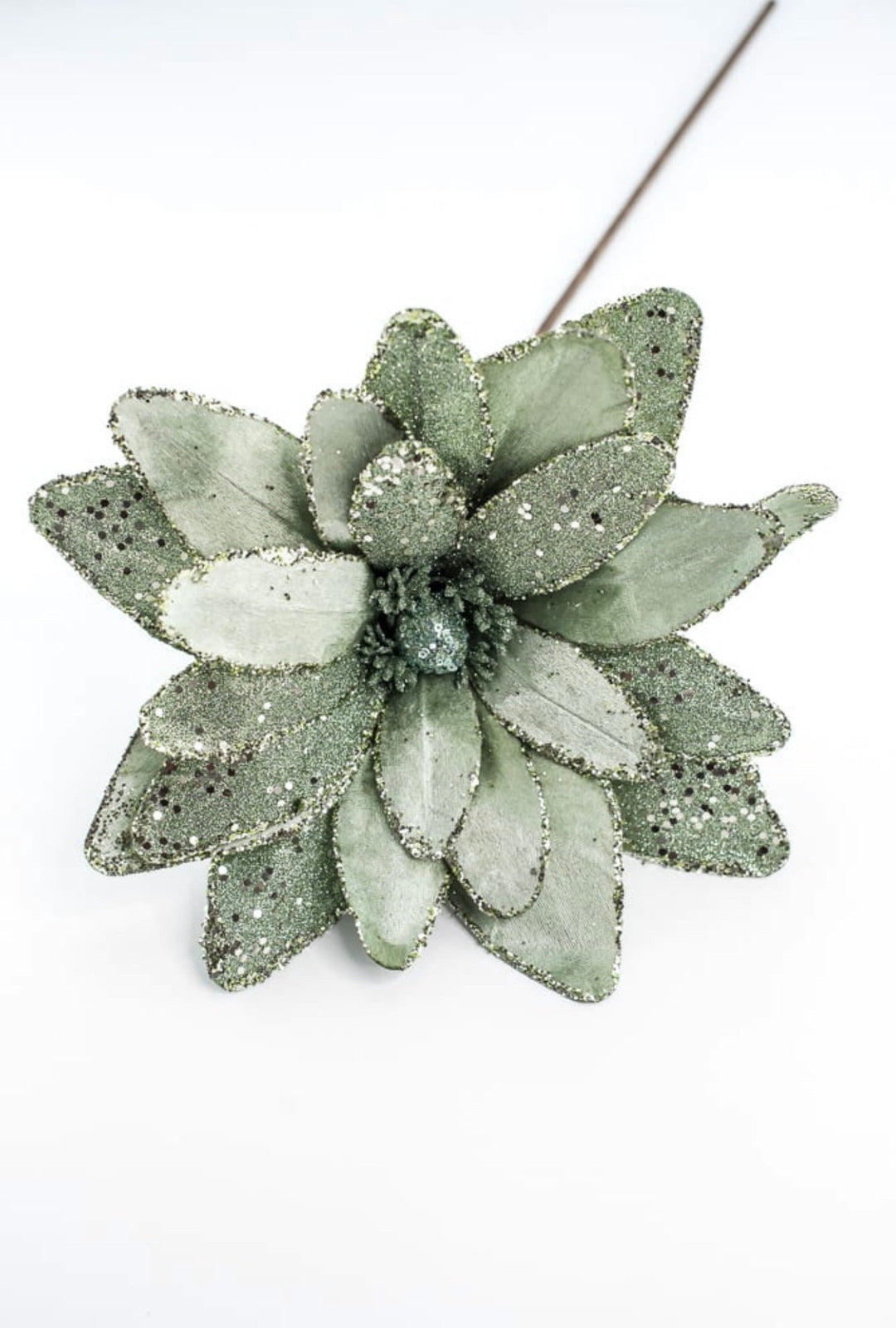 Green velvet and glitter poinsettia stem - Greenery MarketGF2712GR