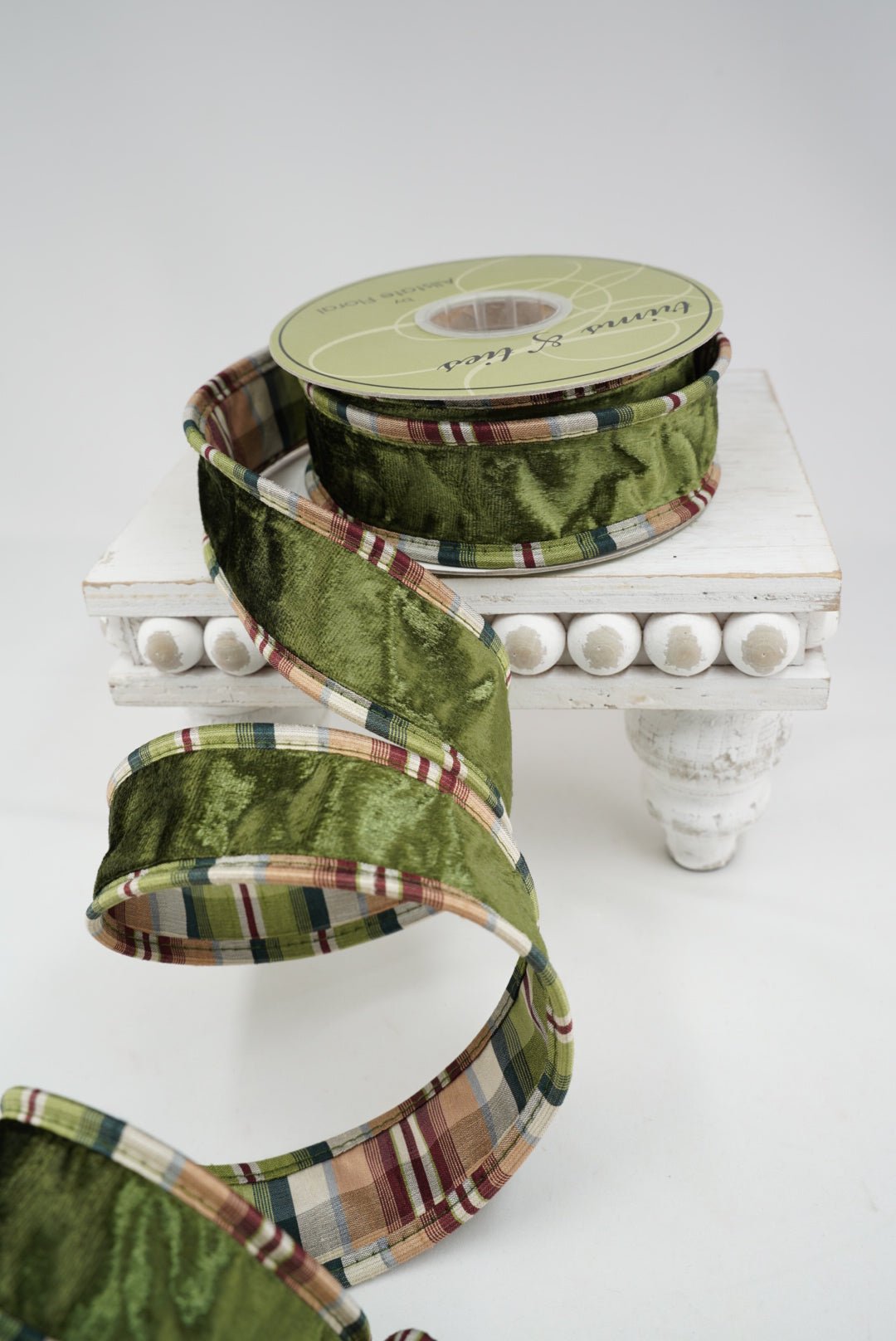 Green Velvet And Plaid Double Sided Wired Ribbon - 1.5" - Greenery MarketRW9620-GR
