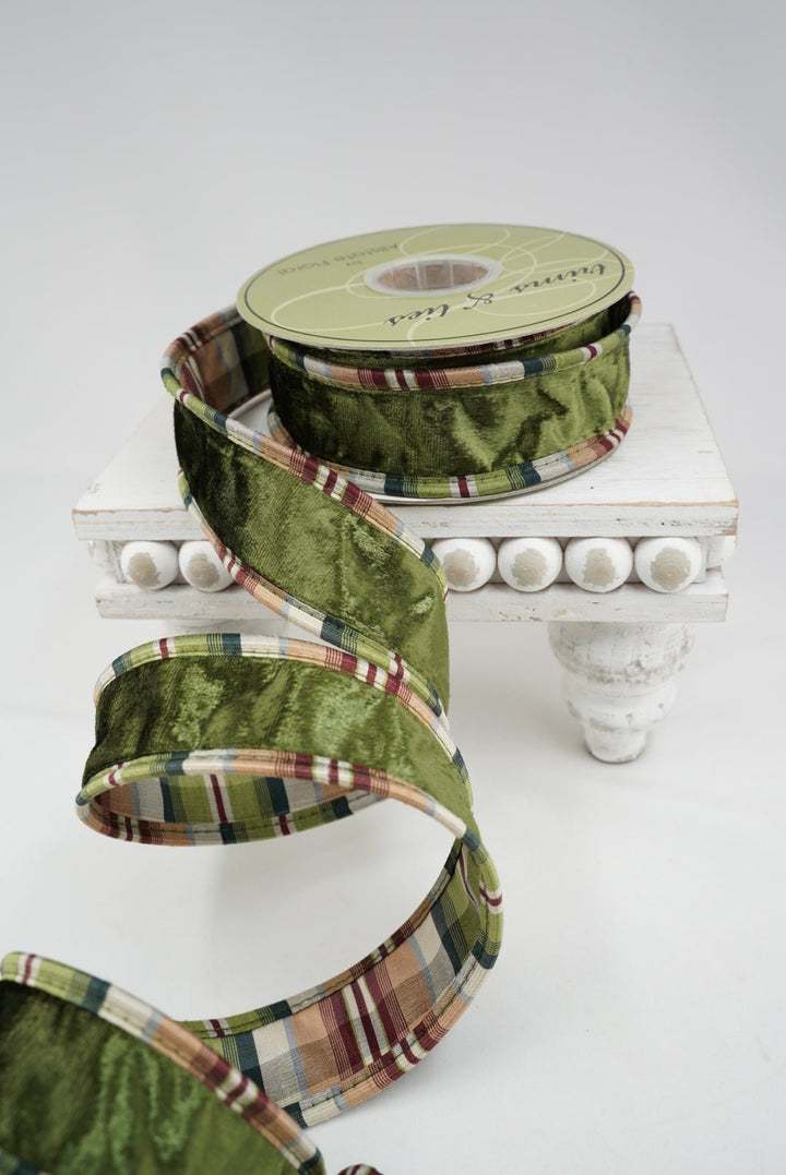 Green Velvet And Plaid Double Sided Wired Ribbon - 1.5" - Greenery MarketRW9620-GR