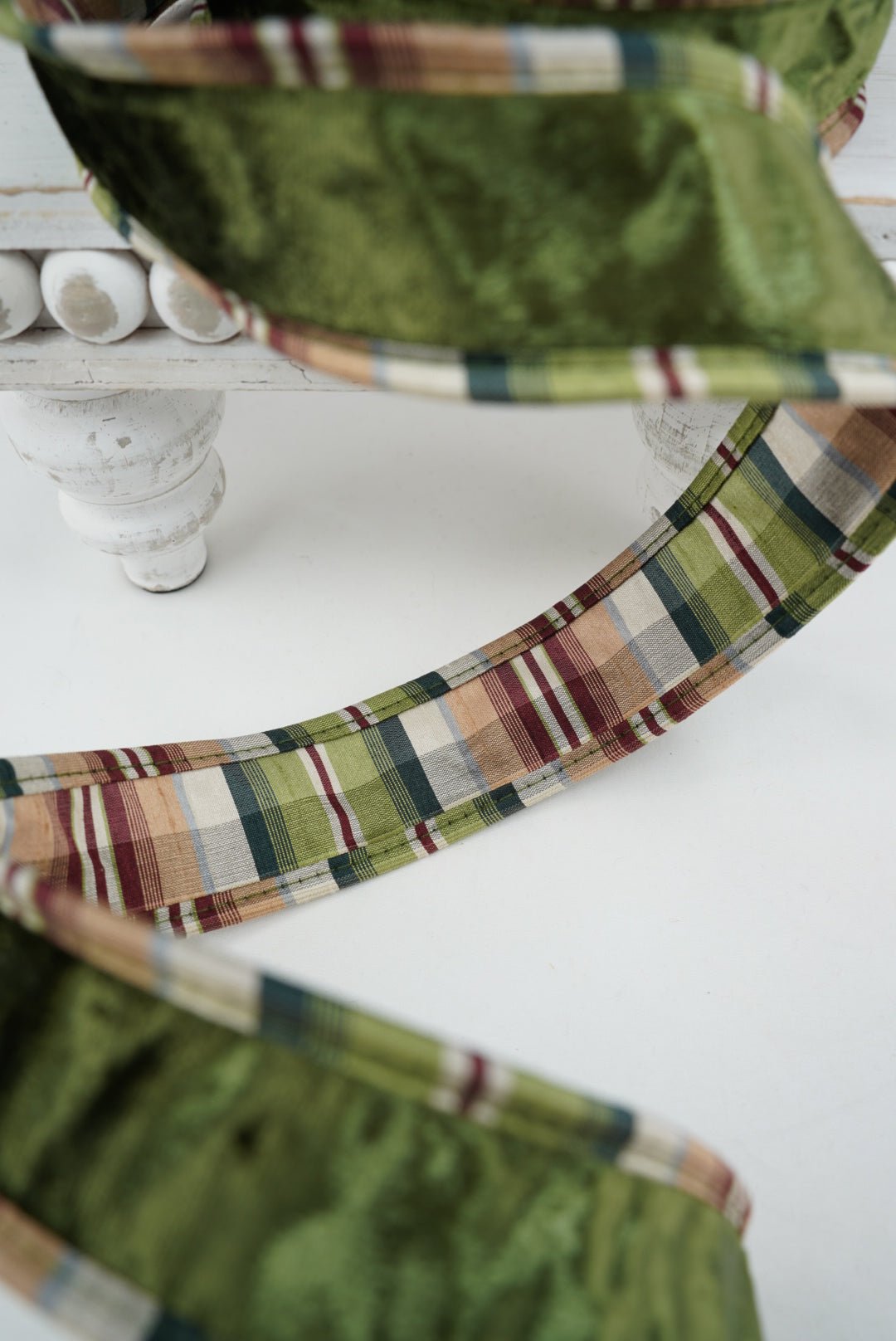 Green Velvet And Plaid Double Sided Wired Ribbon - 1.5" - Greenery MarketRW9620-GR